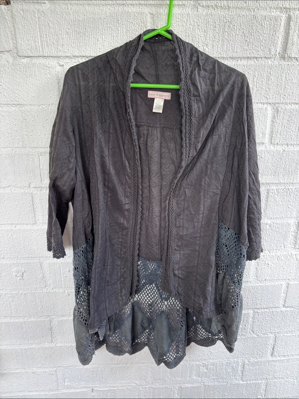 Band of Gypsies Crochet Charcoal Gray Open Front Cardigan sz M